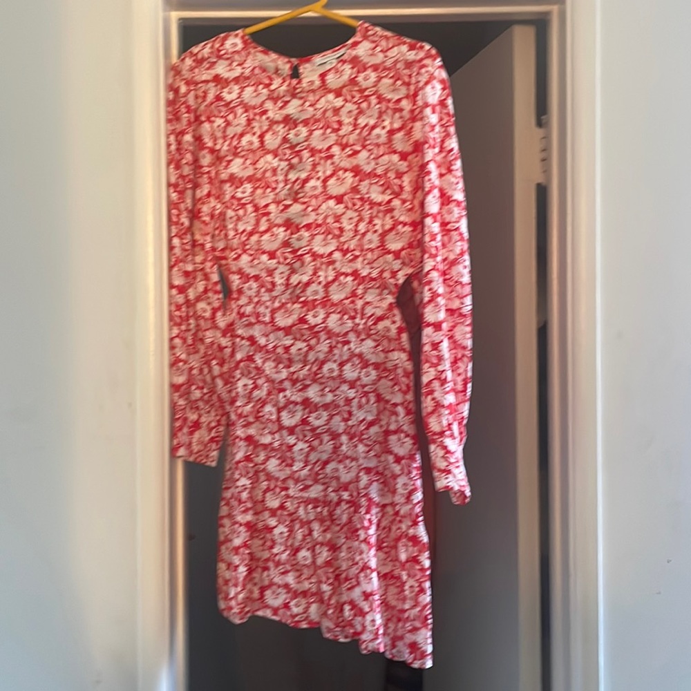 TOP SHOP Dress: long sleeve mini dress, red and white floral pattern, cut outs